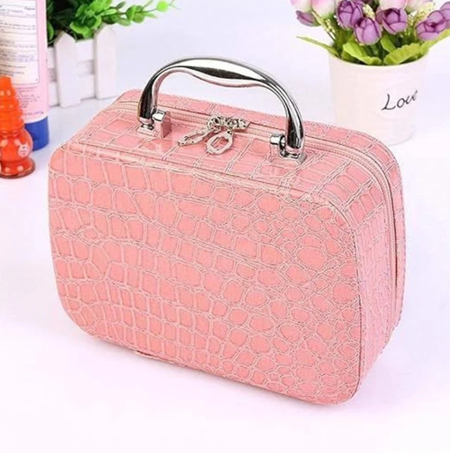 Multifunction Travel Cosmetic Make-Up Bag with Small Mirror Makeup Bag Suitcase for Women Adjustable Dividers for Cosmetics, Makeup, Brushes (Pink)
