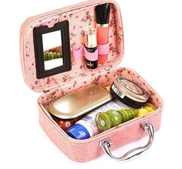 Multifunction Travel Cosmetic Make-Up Bag with Small Mirror Makeup Bag Suitcase for Women Adjustable Dividers for Cosmetics, Makeup, Brushes (Pink)