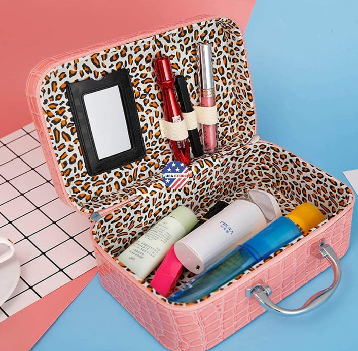 Multifunction Travel Cosmetic Make-Up Bag with Small Mirror Makeup Bag Suitcase for Women Adjustable Dividers for Cosmetics, Makeup, Brushes (Pink)