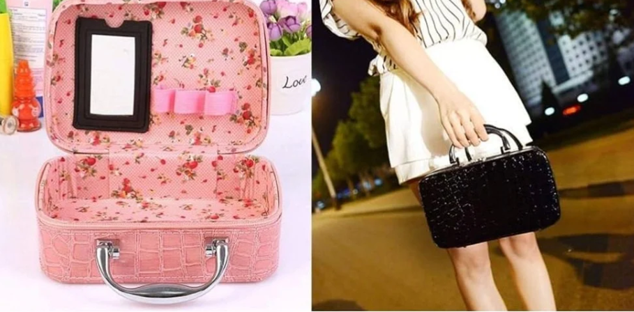 Multifunction Travel Cosmetic Make-Up Bag with Small Mirror Makeup Bag Suitcase for Women Adjustable Dividers for Cosmetics, Makeup, Brushes (Pink)